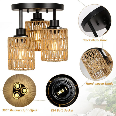Three Light Boho Rattan Ceiling Fixture With Hand Woven Cage Shade Farmhouse Semi Flush Mount showcasing black metal base and E26 bulbs.