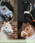 Four stick horses with completed DIY Hobby Horse Halter Kit For Stick Horses, Create Head Collars, Rope Halters And Reins With Pastel Colors, Includes Digital PDF Instructions, Sizable Kit To Make 3-5 Halters, All Materials Included.