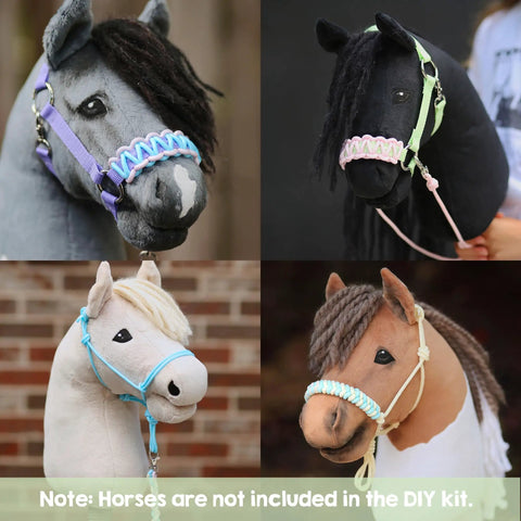 Four stick horses with completed DIY Hobby Horse Halter Kit For Stick Horses, Create Head Collars, Rope Halters And Reins With Pastel Colors, Includes Digital PDF Instructions, Sizable Kit To Make 3-5 Halters, All Materials Included.