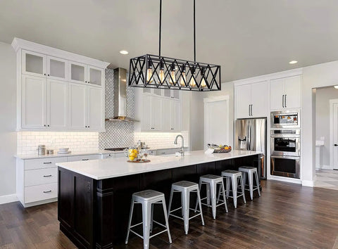 Rectangular Industrial Chandelier For Dining Room With Six E26 Lights, Black Metal Frame And Grille above kitchen island