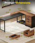61 Inch L Shaped Desk With Wood Drawers And Lockable File Cabinet Reversible 21.7 Inch Deep Corner Computer Desk With Built In Power Outlets Walnut Finish Boss Home Office Executive Desk, shown with dimensions and open drawers