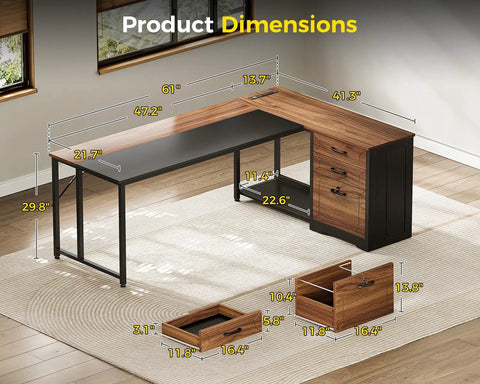 61 Inch L Shaped Desk With Wood Drawers And Lockable File Cabinet Reversible 21.7 Inch Deep Corner Computer Desk With Built In Power Outlets Walnut Finish Boss Home Office Executive Desk, shown with dimensions and open drawers