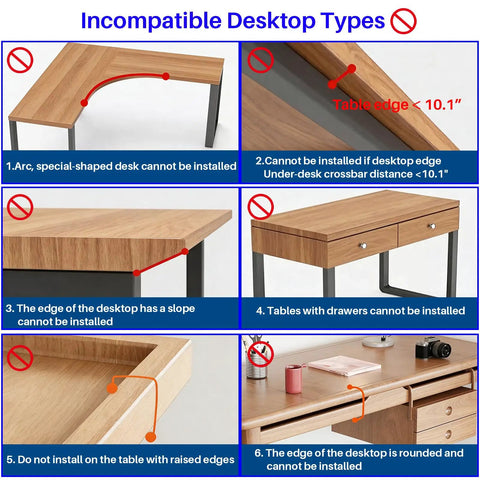 Incompatible desktop types for Sliding Under Desk Laptop Mount No Drill Setup With Slick Metal Storage Shelf.
