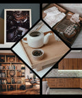 Collage of home interior images: framed artwork, wooden tray with teapot, vintage typewriter in drawer, bookshelves, and modern kitchen.