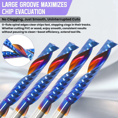 Front-angle view of four blue 1/8-inch shank O-flute CNC router bits with spiral upcut