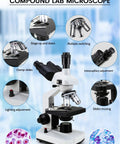 40X-5000X Compound Trinocular Microscope With 5MP Camera Abbe Condenser shown with features and sample slides