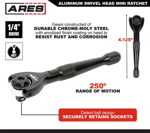 Black Quarter-Inch Drive Mini Ratchet With 90-Tooth Swivel Head, 250-Degree Range, Chrome Moly Steel Gears, Rust-Resistant Anodized Head, Knurled Grip, Compact Design For Tight Spaces And Quick, Smooth Turn on white background