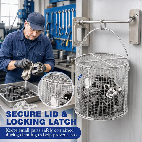 Built Tough 304 Stainless Steel Parts Washer Basket 8.5 By 9 Inch shop ready holder with secure lid and locking latch.