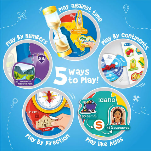 5 ways to play with USA Map With Reusable Stickers Wall Chart For Kids, includes map games and learning tools for ages 5 to 12