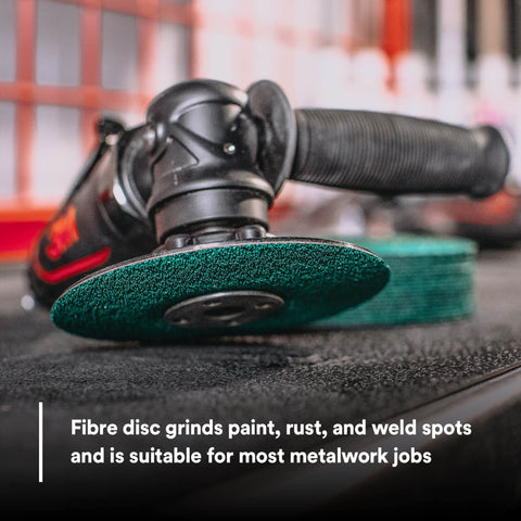 Angle grinder with Green Corps Fiber Disc 36507 5 Inch By 7/8 Inch Ceramic Resin Bond Abrasive Disc 40 Plus Grit for metalwork