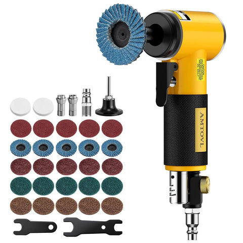 Right Angle Air Die Grinder Kit With One Quarter Inch And One Eighth Inch Collets, Two Inch Quick Change Roll Lock Sanding Discs, Accessories Set, 20,000 RPM Pneumatic Grinding Tool