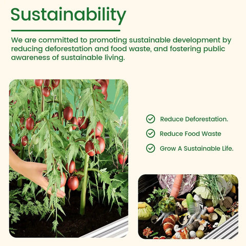 Image of tomato plants in a garden setting with text about sustainability and reducing deforestation, food waste.