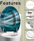 Elongated Quiet Close Toilet Seat for Bathroom with blue water swirl design, stainless steel hinge, and grip-tight bumpers.