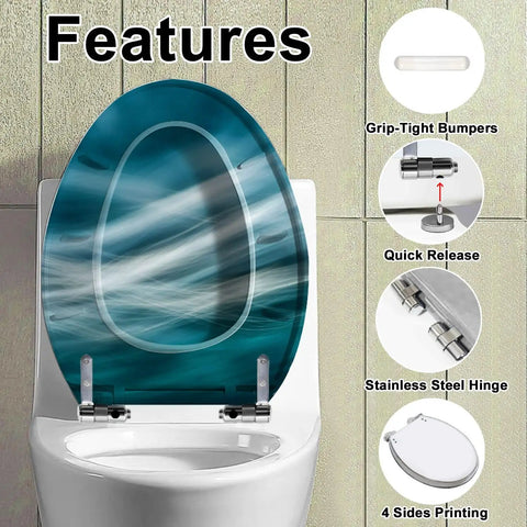 Elongated Quiet Close Toilet Seat for Bathroom with blue water swirl design, stainless steel hinge, and grip-tight bumpers.