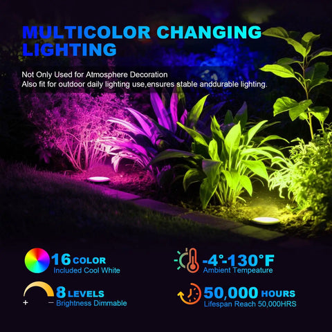 Four Pack 3W 12V RGB In Ground Landscape Lights With Remote Control IP67 Waterproof Pathway Lights illuminating garden plants.