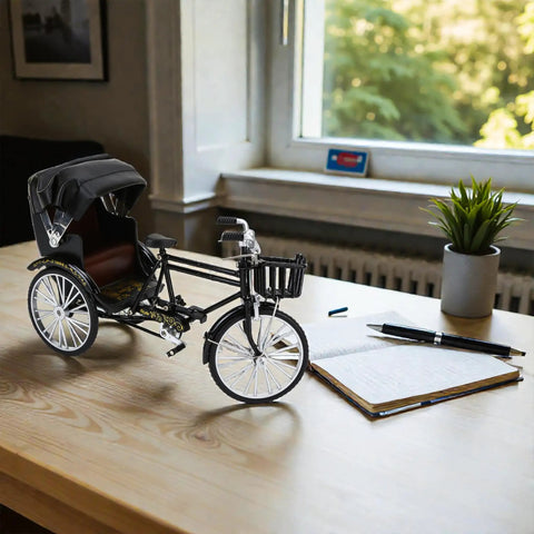 Vintage Metal Tricycle Model With Heavy Duty Aluminum Alloy Build And Old School Three Wheel Rickshaw Design on a wooden table.