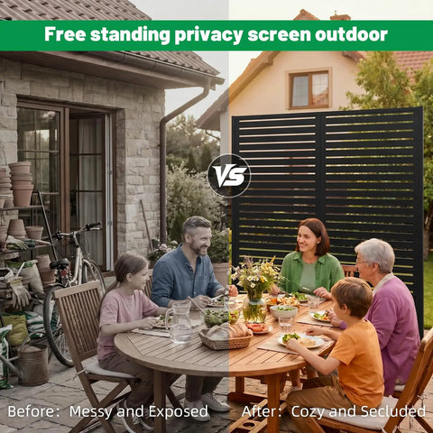 Weatherproof Metal Privacy Screen Panels For Outdoor Balconies Patios And Pools Black Louvered Design Built To Last, shown with a family dining outside enhancing privacy and seclusion.