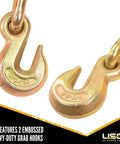 Close-up of grab hooks on Heavy Duty Ratchet Binder For One Half To Five Eighths Inch Chain Two Pack With 18,100 LBS Working Load.