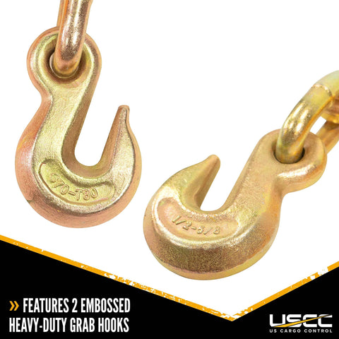 Close-up of grab hooks on Heavy Duty Ratchet Binder For One Half To Five Eighths Inch Chain Two Pack With 18,100 LBS Working Load.