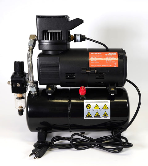 Quiet Airbrush Compressor With 3L Metal Tank, Oil Free, Pro Grade One Sixth HP 110V Motor, side view of dual cooling fans