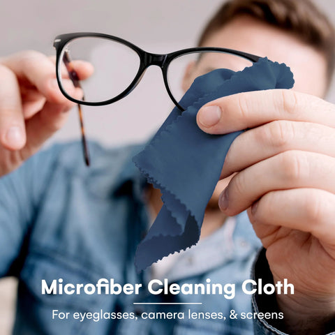 Close-up of navy blue Care Touch microfiber cleaning cloth (6 x 7 in) for eyeglasses