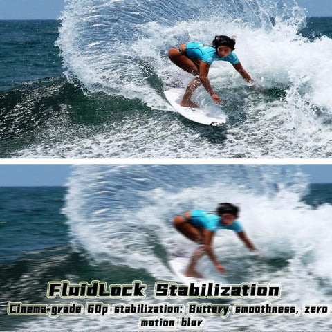 Surfer captured using Ultra Compact 4K Sports Action Camera With 140 Degree Wide Angle, showcasing FluidLock stabilization effect.