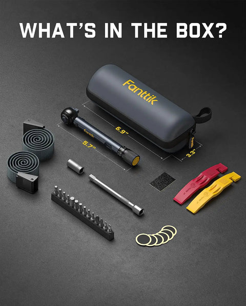 Mini Click Torque Wrench Set For Bikes With 1/4 Inch Drive, 2-10 Nm Range, tools and accessories laid out with carry case