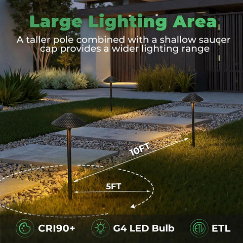 Low Voltage Outdoor LED Path Lights 12V 4W 2700K With Replaceable G4 Bulbs 12 Pack illuminating backyard paths at night.