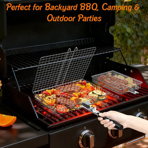 Two Piece Outdoor Grill Basket Set With Removable Wooden Handles on BBQ grill with assorted meats and veggies.