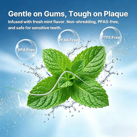 Mint leaves illustrating the mint flavor of 3 In 1 Floss For Braces And Bridges With 120 Pre Cut Strands, Easy Glide Precision Clean