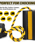 Heavy Duty Rubber Wheel Chocks With 52 Inch Rope, 2 Pair Non Slip Tire Stopper Blocks with visible safety rope and textured surface.
