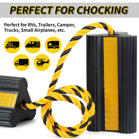 Heavy Duty Rubber Wheel Chocks With 52 Inch Rope, 2 Pair Non Slip Tire Stopper Blocks with visible safety rope and textured surface.