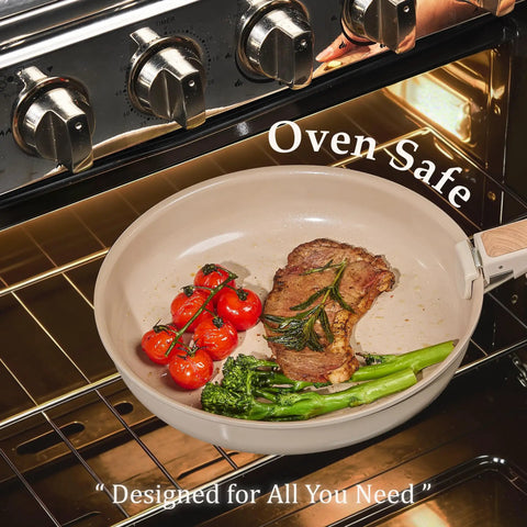 Nonstick Ceramic Cookware Set With Detachable Handle for Everyday Cooking with steak and vegetables in oven-safe pan