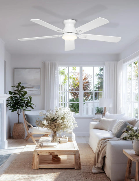 52 Inch Low Profile Ceiling Fan With Light For Low Ceilings White Flush Mount Quiet DC Motor in modern living room