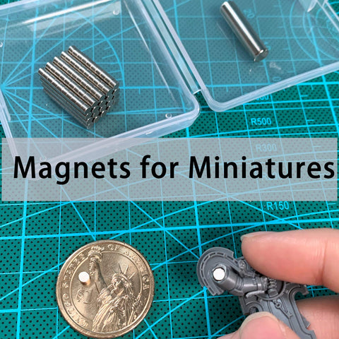 Tiny 3x2mm Magnets Set With Storage Case For 3D Printing Crafts Miniatures And Small Models next to model and coin