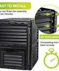 80 Gallon Garden Compost Bin Made From BPA Free Material No Fuss Assembly Large Capacity Aerating Outdoor Compost Box For Fast Fertile Soil Creation Lightweight And Black, shown from a side angle with arrows highlighting easy assembly and a stopwatch graphic.