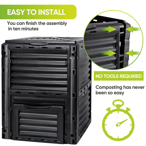 80 Gallon Outdoor Compost Bin with Top Flip Lid Includes Gloves Large Aerating Garden Box for Yard Waste Easy Exit Door BPA Free Material Black Turns Scraps Into Rich Compost Fast