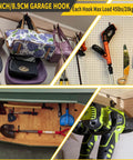 Overhead Garage Storage Racks 4 Pack With Four Hooks, Heavy Duty Ceiling Shelf System Totals 444 Lb Capacity, hooks holding tools