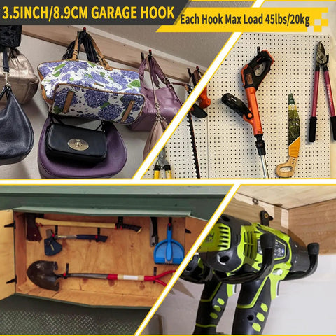 Overhead Garage Storage Racks 4 Pack With Four Hooks, Heavy Duty Ceiling Shelf System Totals 444 Lb Capacity, hooks holding tools
