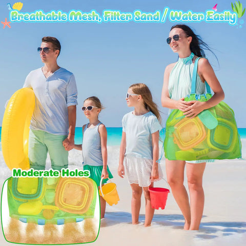Family on beach with Oversized Mesh Beach Bag For Sand Toys And Pool Essentials 26 Inch Tote Perfect For Shovels Buckets Towels Sunscreen Snacks And More Your Family Beach Day Game Changer, woman holding green mesh bag filled with beach gear