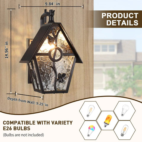Rustic Outdoor Wall Lanterns With Water Glass Panels, Exterior Wall Mounted Sconce Lighting in Oil Rubbed Brown shown on wall.