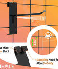 Gridwall Hooks 50 Pack 2 Inch Black Metal Display Hangers For Wire Grid Panels Heavy Duty Retail Fixtures Garage Organizer Craft Fair Jewelry Rack 20 Lbs Capacity shown with 15-degree angle for stability.