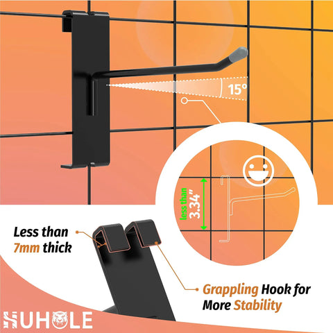 Gridwall Hooks 50 Pack 2 Inch Black Metal Display Hangers For Wire Grid Panels Heavy Duty Retail Fixtures Garage Organizer Craft Fair Jewelry Rack 20 Lbs Capacity shown with 15-degree angle for stability.