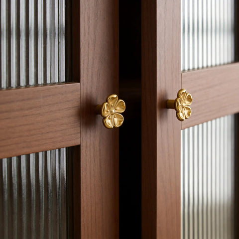 Premium Solid Brass Gold Cabinet Knobs With Cherry Blossom Flower Design on wooden cabinet doors