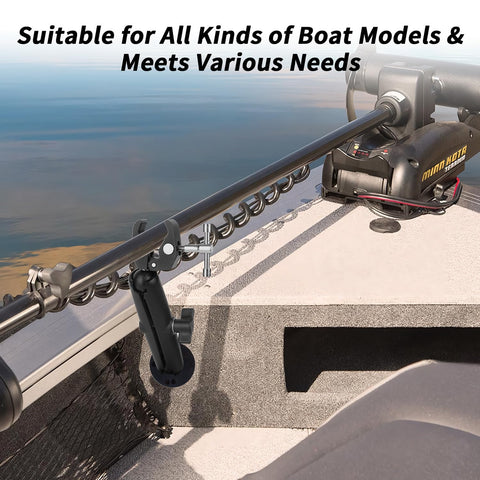 Stabilizer Mount For Trolling Motors Reduces Bounce And Vibration On Rough Rides installed on a boat rail with motor attached