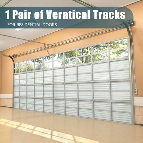 1 Pair of vertical tracks for residential garage doors, 2 Pack Heavy Duty Vertical Garage Door Track Replacement Rails For 7 Foot Tall Doors Left And Right Side Tracks Galvanized Steel Hardware 2 Inch Roller Compatible Includes Brackets Silver Finish.