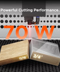 Badass 70W Desktop CO2 Laser Engraver And Cutter Rig With LightBurn Tooling showing wood and acrylic blocks being cut.