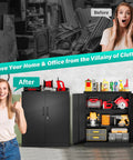 Heavy Duty Metal Storage Cabinet With Locking Doors And Adjustable Shelves For Office Workshop Or Kitchen Built Tough All Steel Construction Reinforced Welded Frame Secure Locking Tool Cabinets 36 Inches High showing organized tools.
