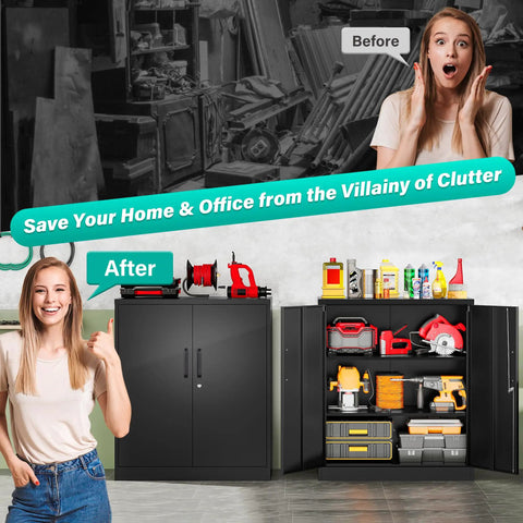 Heavy Duty Metal Storage Cabinet With Locking Doors And Adjustable Shelves For Office Workshop Or Kitchen Built Tough All Steel Construction Reinforced Welded Frame Secure Locking Tool Cabinets 36 Inches High showing organized tools.