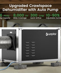 Heavy-Duty 216 Pint Crawl Space Dehumidifier With Built-In Pump And Remote Control For Whole House And Basement, 8000 Sq Ft Coverage, showing duct hose and controls.